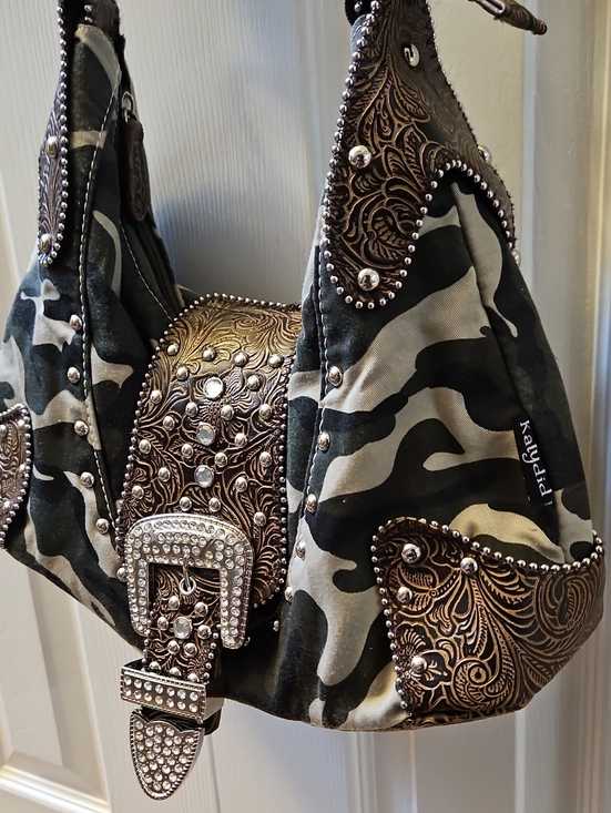 Katydid Handbags - KATYDID Embellished Camo Hobo Shoulder Bag in Green